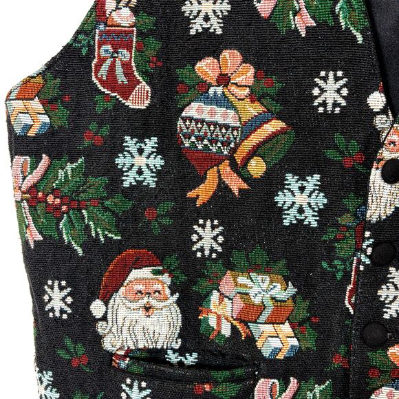 Christmas Tapestry Vest Santa Holidays Snowflake Black Red Women Medium M USA - Picture 6 of 12